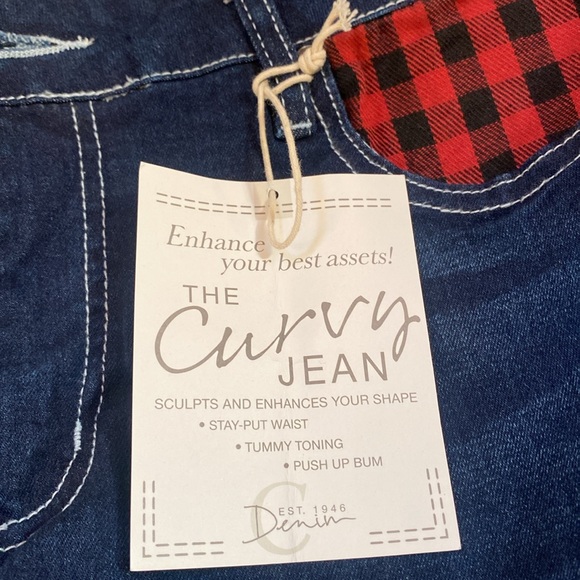 NWT Curvy Denim bootcut jeans w/red & black check & “diamond” accents - Picture 6 of 10